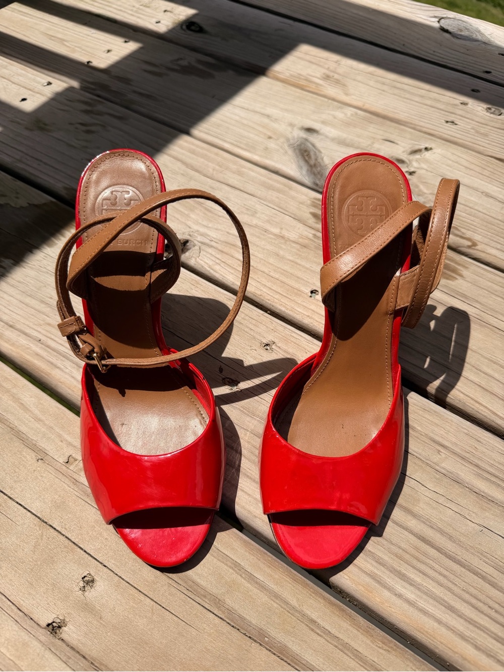 Tory Burch Red and Brown Leather Ankle-Strap Heels
